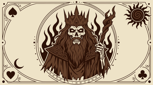 Vintage Skeleton King Lich Illustration in Playing Card Style with Tarot Symbols