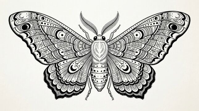 Intricate Moth Vector Illustration with Detailed Symmetrical Patterned Wings and Ornate Design in Monochrome Style