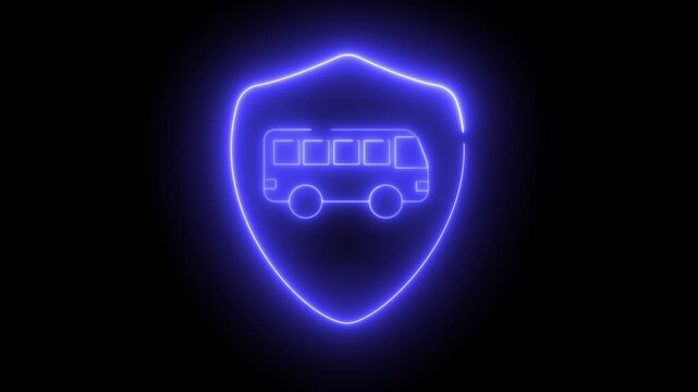 Neon shield glows blue, protecting a bus icon. Simple design conveys safety, transport, or digital protection. Ideal for themes: security
