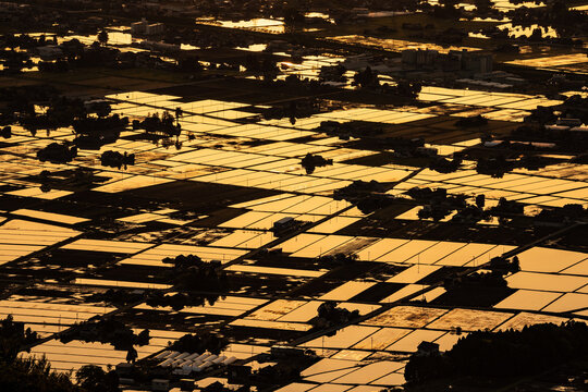 High-angle sunset view of the iconic Sankyoson dispersed settlement and flooded rice paddies in Toyama, Japan