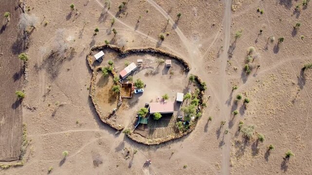 Drone footage of a modern Maasai boma in rural Kenya featuring contemporary homes, a traditional livestock enclosure, cattle boma, cultivated garden, and a fenced homestead in the African savannah.