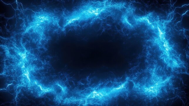 Glowing blue electric ring with lightning tendrils encircling a dark center, intense mysterious futuristic energy