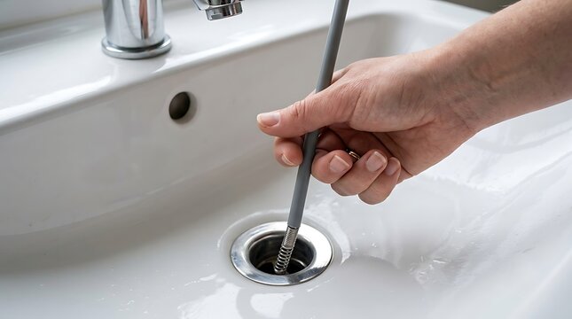 Hand using drain snake to clear clogged sink drain pipe