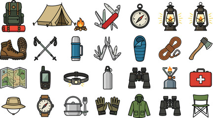 Outdoor camping and hiking adventure vector icon set featuring tent backpack campfire compass boots and survival equipment. © MAHIYA AKTER