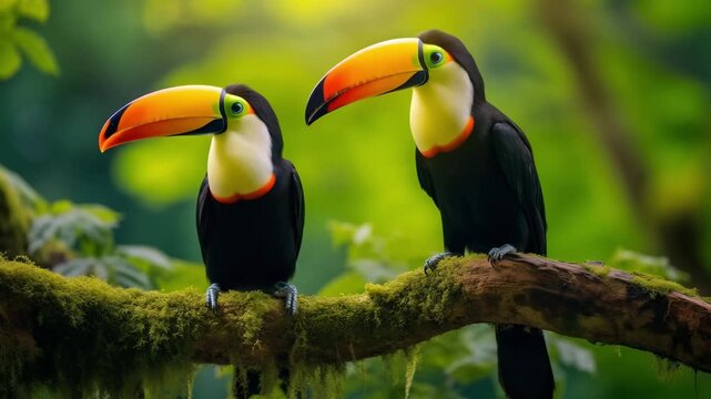 Toucan sitting on the branch in the forest, green vegetation. Nature travel. Two Keel billed Toucan, Ramphastos sulfuratus, pair of bird with big bill. Birds perched on branch with blurred background.