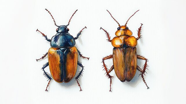 Two detailed watercolor beetles on white background, realistic entomological illustration showing blue-black and golden-orange beetles with fine legs and antennae, curious scientific mood