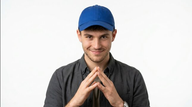 Smiling man making heart shape with hands wearing blue cap and dark shirt