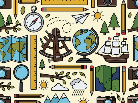 Seamless Travel and Adventure Exploration Pattern with Navigation Icons