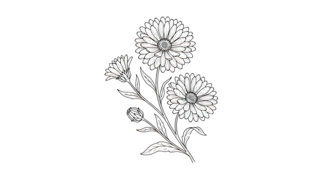 Vintage botanical calendula flower illustration, hand drawn marigold floral sketch vector, medicinal herb line art for packaging and wedding stationery
