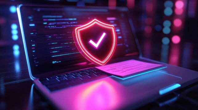 neon shield with checkmark hovering above a laptop keyboard and code, glowing holographic security icon conveying protection and reassurance