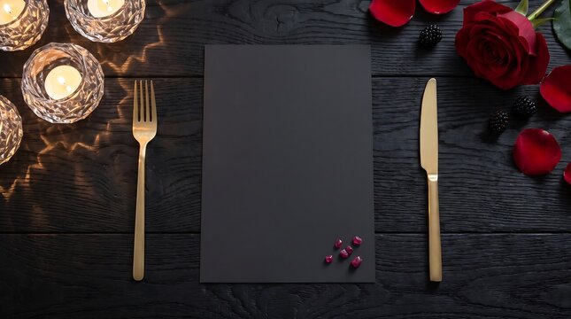 Blank black menu card mockup on dark wooden table with gold cutlery, red roses and candle light