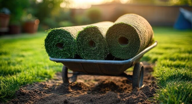 Sunlit wheelbarrow carrying three rolls of fresh turf on a green lawn in a tranquil backyard garden, evoking calm, productive outdoor work