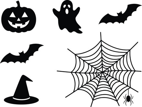 Halloween set with pumpkin ghost bat and large spider web isolated on transparent surface.