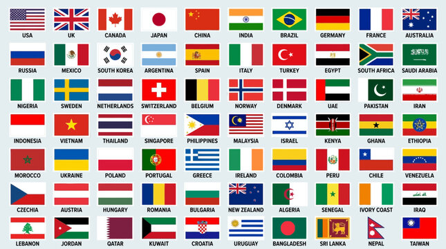 World flags vector set collection featuring international national banners for global identity and geographic representation across various countries