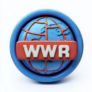 3D textured blue globe emblem with red rectangular plate reading WWR, raised white letters and worn paint conveying a bold optimistic global icon