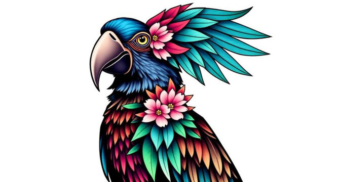 Hand Drawn Bird of Paradise and Colorful Parrot Vector Illustration with Peacock Feather Isolated on White Background Tropical Cartoon Wildlife Art Design