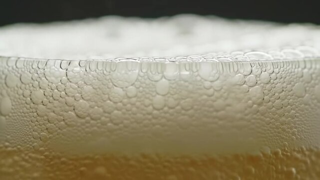 Close-up of fizzy beer bubbles rising in a glass, macro shot