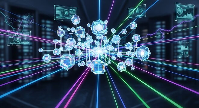 Futuristic Data Network Centered Crystal Orbs with Neon Light Beams