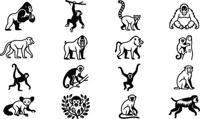 Primates and Monkeys Species Vector Icon Set with Gorilla, Orangutan, Lemur, Baboon, Chimpanzee, and Spider Monkey Jungle Wildlife Line Art Elements © MAHIYA AKTER
