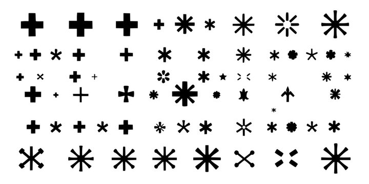 Star and asterisk symbols set with 36 unique black symbols in 6x6 grid on white background featuring star, asterisk, geometric patterns with line art and minimalist design