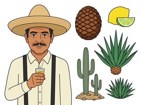 Mexican man in sombrero with tequila agave plant and cactus icons vector illustration