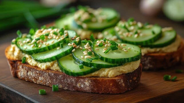 Rustic toasted multigrain bread topped with creamy hummus, layered cucumber slices, chopped chives and sesame seeds on a wooden board &mdash; fresh, vibrant, and appetizing