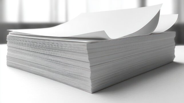 Stack of crisp blank white paper with curled top sheets on a clean desk bathed in soft light, conveying calm minimalism and quiet potential