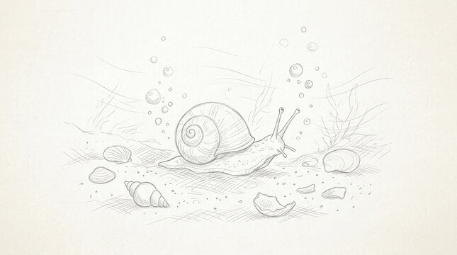 Hand-drawn pencil sketch illustration of a garden snail with spiral shell crawling on textured ground, surrounded by bubbles, monochrome artwork.