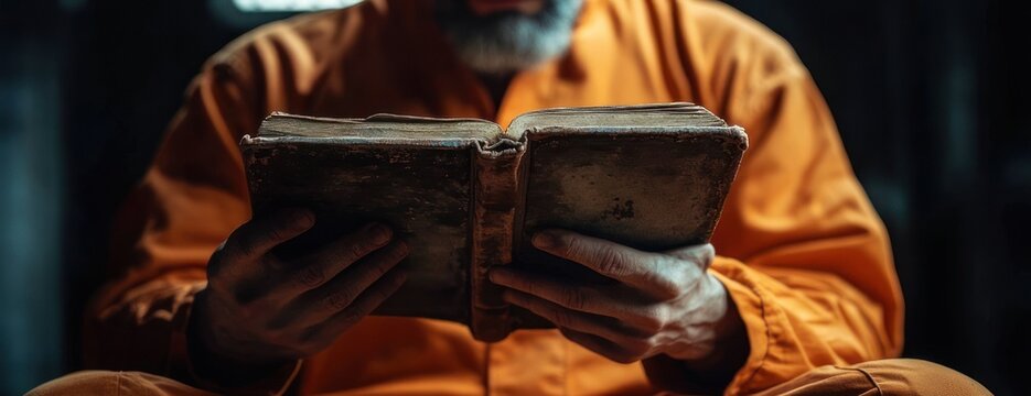 Close-up of hands holding an old worn book by a bearded person in an orange robe, dim intimate lighting conveying contemplative and reverent reading