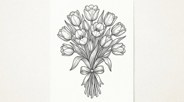 Elegant black and white line art drawing of a beautiful tulip bouquet with a bow, hand-drawn vintage floral illustration for spring