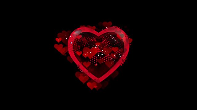 Romantic red heart animation with glittering particles and small hearts loop isolated on a black background