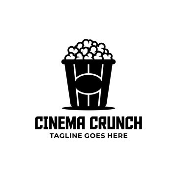 Cinema crunch popcorn bucket movie logo icon.