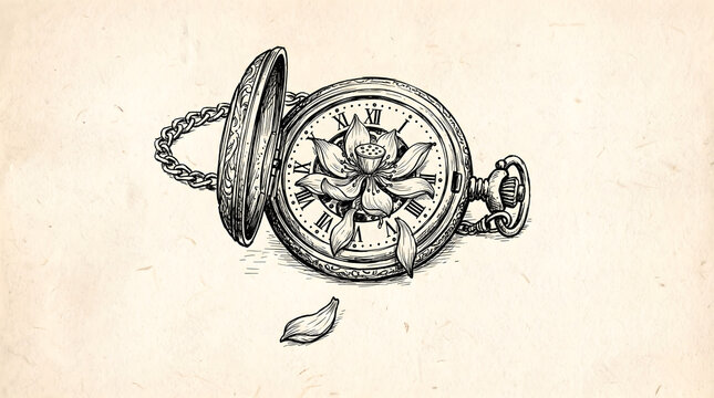 A detailed ink drawing of an open vintage pocket watch with a blooming lotus flower inside