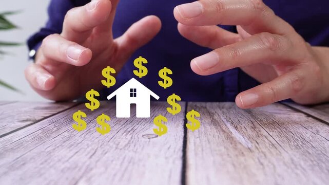 Hands gently protect a home symbol. Money symbols float around it. Person appears calm and caring. Ideal for financial or real estate themes. No animals or plants shown