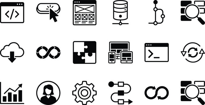 Software Development and DevOps Process Vector Icon Set with Code Window, Cloud Computing, Server Database, Git Branch, and Data Analytics Symbols
