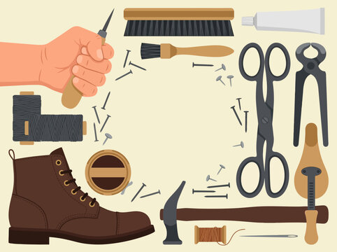 Cobbler Shoemaking Tools and Leather Boot Vector Illustration Frame