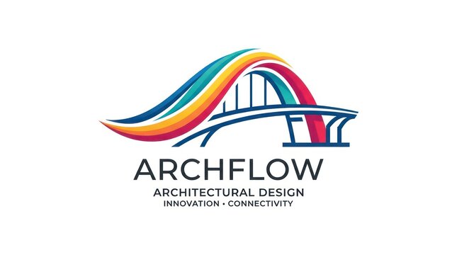 Modern architectural bridge logo with rainbow wave shapes and abstract lines flat branding.
