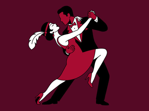 Vintage Art Deco Illustration of Romantic Couple Dancing Tango