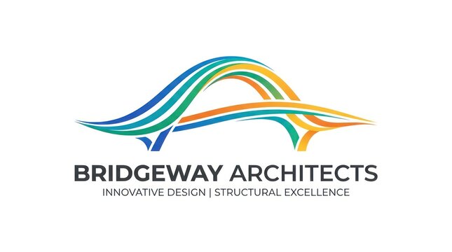 Abstract colorful arch bridge logo for architectural design firm on white background style.