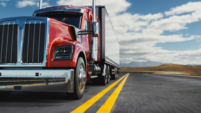 Red semi truck driving on highway under blue sky