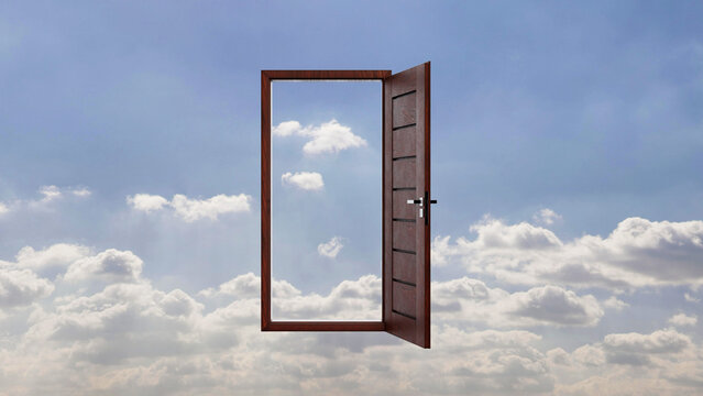 Open wooden door in the sky with white clouds representing freedom and opportunity
