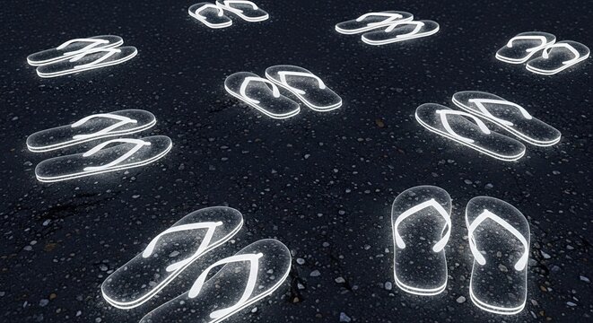 Multiple Pairs of Glowing White Flip-Flops Scattered on Dark Textured Ground, Ethereal Summer Footwear