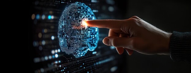 Fototapeta premium Human hand and finger touching illuminated digital brain hologram with glowing circuit core, surrounded by data points on a dark background, evoking curiosity and discovery