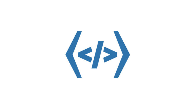 A blue programming code symbol isolated on a clean white background
