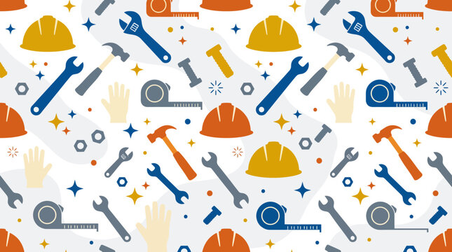 Industrial construction tools and safety equipment pattern with hardhats and blueprints for site work and shopping display.