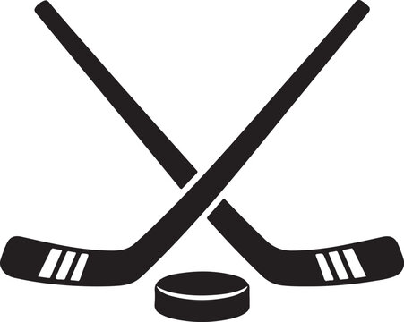 Crossed hockey sticks with a puck silhouette vector 