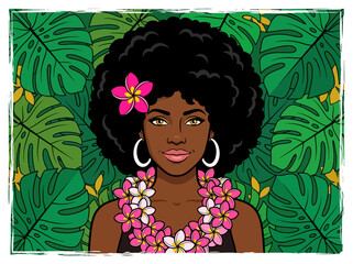 Pop Art Portrait of Black Woman with Afro and Tropical Lei © Yessy