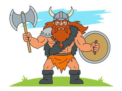 Fierce Cartoon Viking Warrior with Battle Axe and Shield