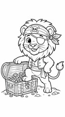 Cute Cartoon Lion Cub Pirate with Treasure Chest, Wearing Eye Patch and Bandana with Skull, Vector Coloring Page Illustration