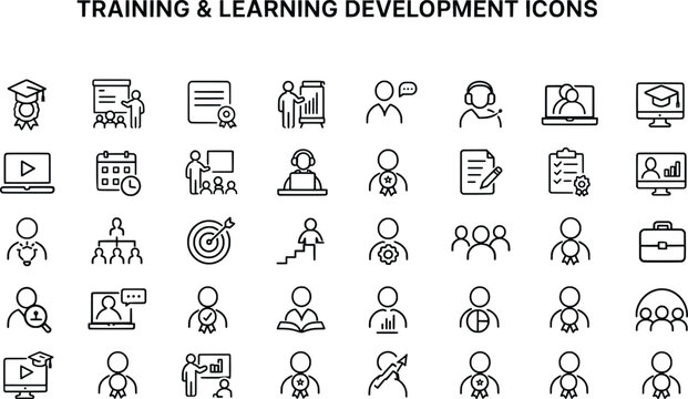 Training and learning development icons on white background